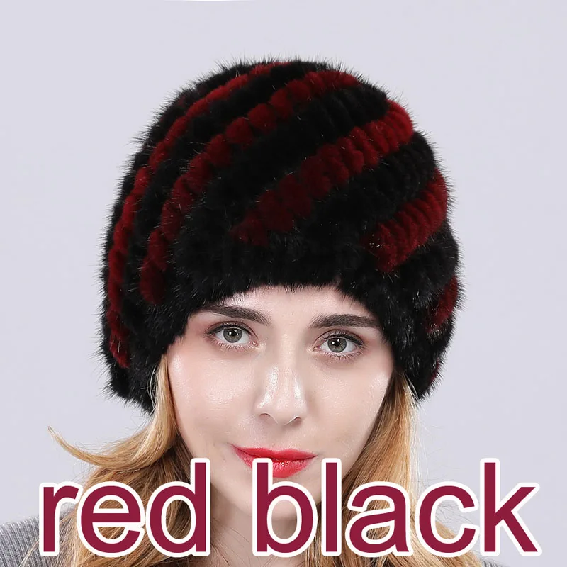 new arrival women real mink fur hat classic knitted genuine mink cap elastic warm brand wool lining thick fashion - Цвет: red black