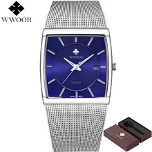 WWOOR Для мужчин s кварцевые наручные часы тонкий квадратный Бизнес Для мужчин часы лучший бренд класса люкс Водонепроницаемый Сталь сетки мужской часы человек часы синий