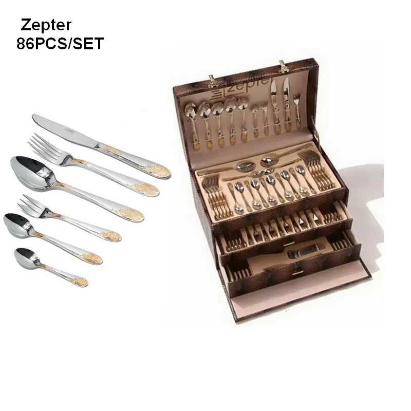 

TOP 86pcs STAINLESS STEEL tableware SETS Gold Plated Cutlery Set Dinnerware Tableware Silverware Knife Fork With Gift Box