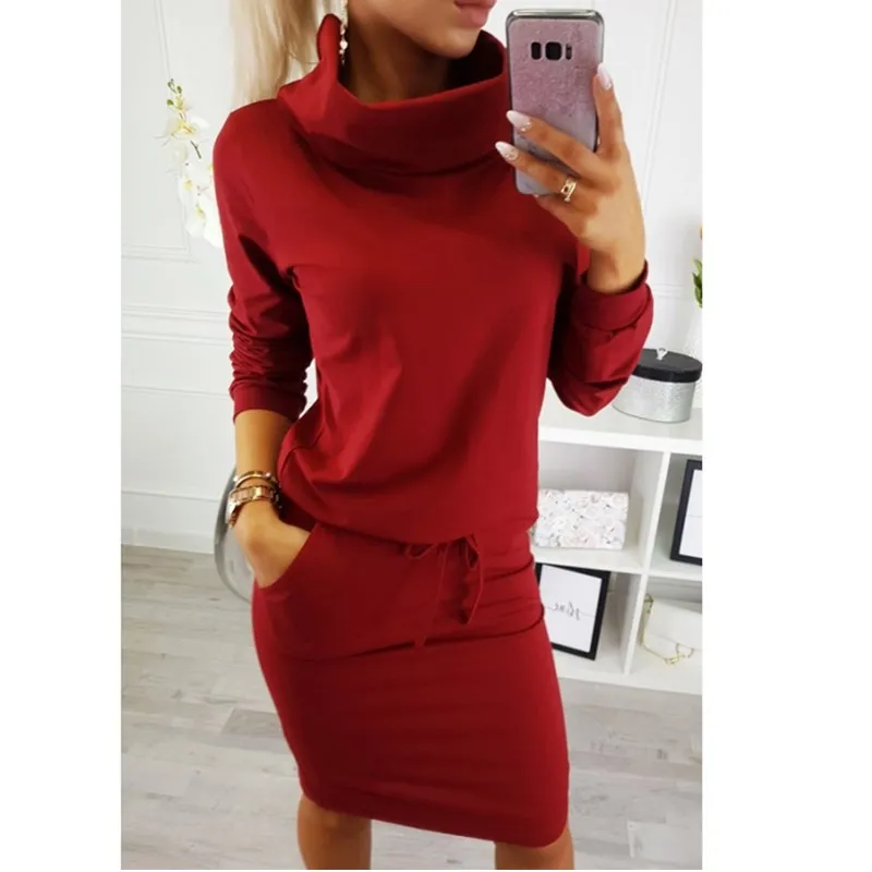 

LOSSKY Black Casual Women's Mini Dress 2018 Autumn And Winter Fashion O-Neck Long-sleeved Thin Belt Pocket Female Dresses
