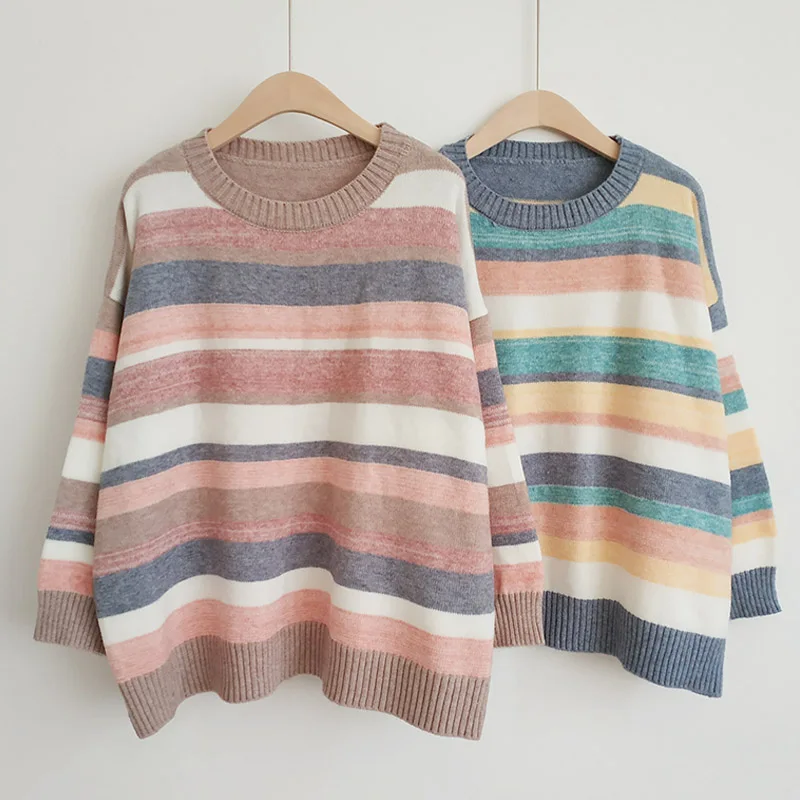

Oversized Sweater Female Loose Korean of Round Collar 2019 Autumn and Winter New Knitted Tops Striped Pullovers