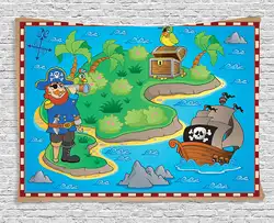 Забавный мультфильм остров сокровищ пиратский корабль попугай детская игровая комната украшения настенный гобелен Multi