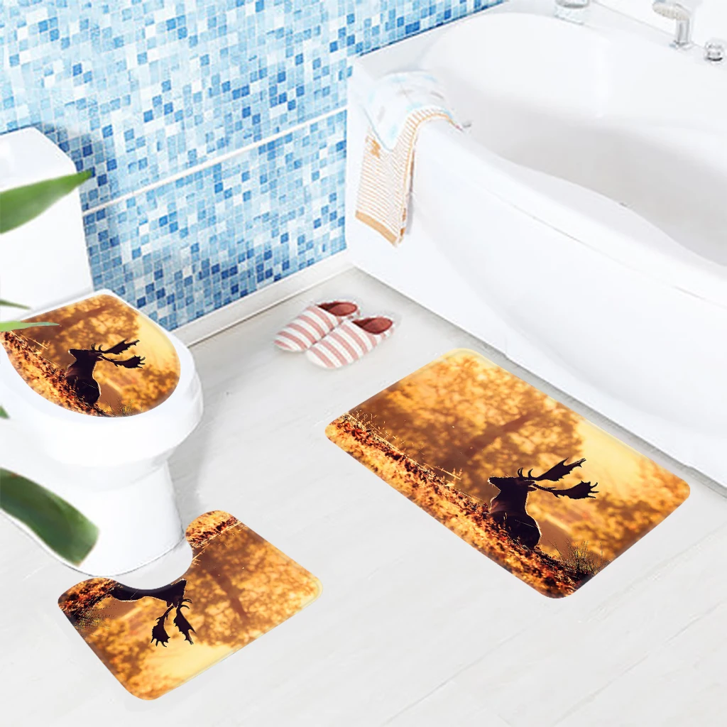 3pcs Bath Rug Sets Deer Sitting Tree Pattern Bathroom Mat Non Slip