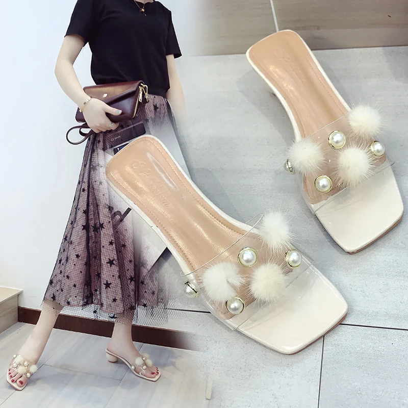 

2019 Summer Fur Slippers Women Clear Pear Slipper Fashion Slides Medium Heels Dress Shoes Low Heels Shoes Out Side Slide 7268