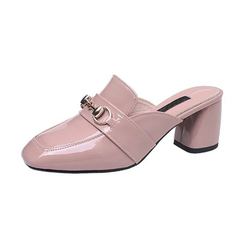 

New Spring Summer Women PU Leather Buckle Pointed Toe Flat Shoe Woman Slippers Slip On Med Heels Loafers Mules Flip Flops