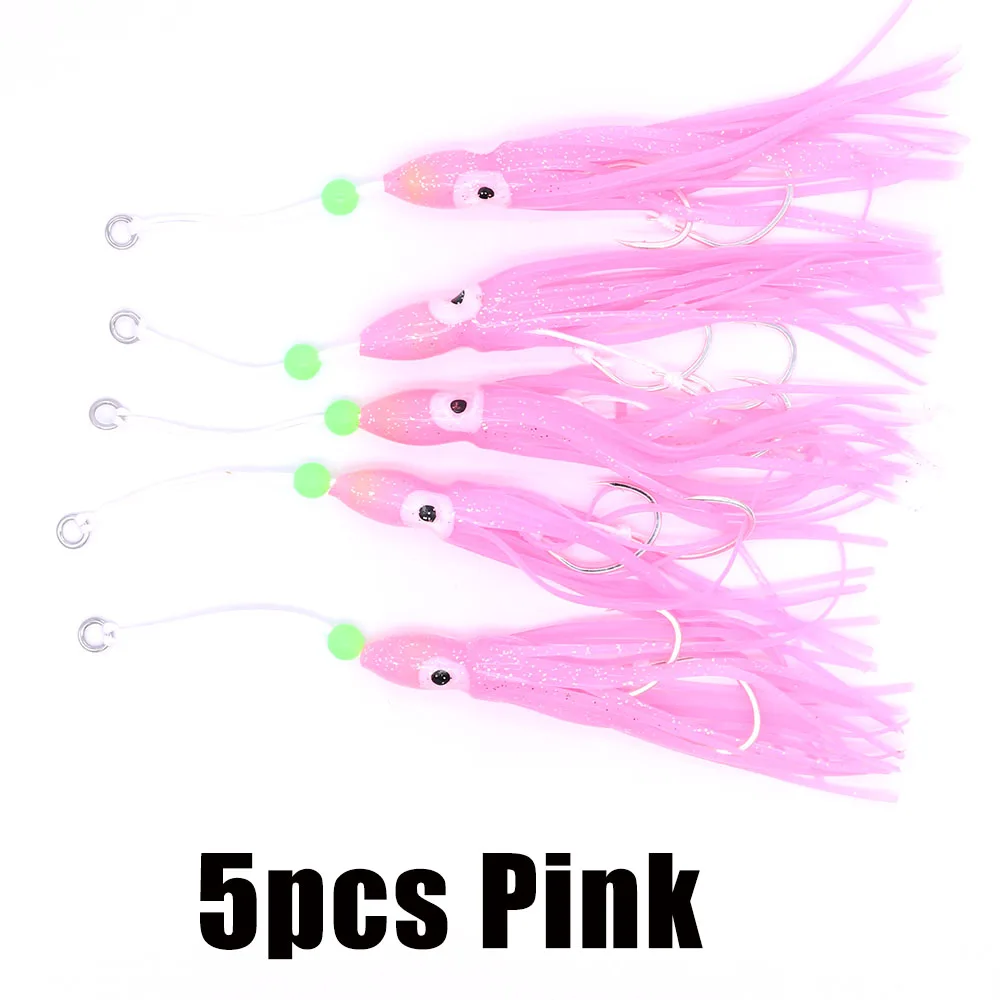 Casfun 5 шт. светящиеся резиновые кальмары джиг крюк юбка светящиеся осьминог приманки с BKK крючки для металла джиг - Цвет: 5PCS Pink