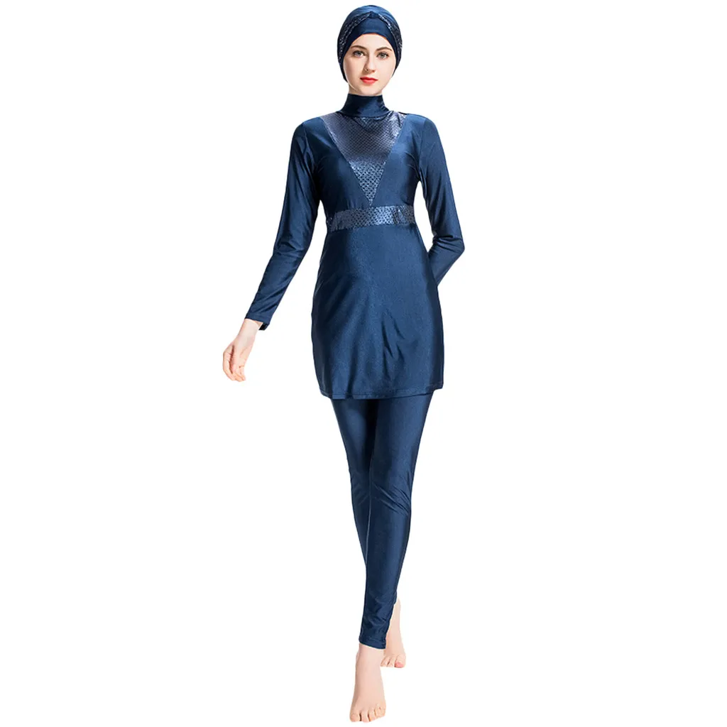 

Solid Color Muslim Swimsuit Muslim Beachwear Women Swimwear Conservative Swimming Suit with Trousers and Hats three piece A3041