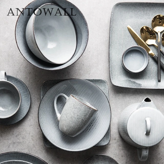 

ANTOWALL Vintage Striped Ceramic Tableware Plate Bowl Personality Line Home-used Soup Rice Bowl Dish Plate Mug