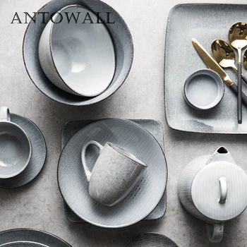

ANTOWALL Vintage Striped Ceramic Tableware Plate Bowl Personality Line Home-used Soup Rice Bowl Dish Plate Mug