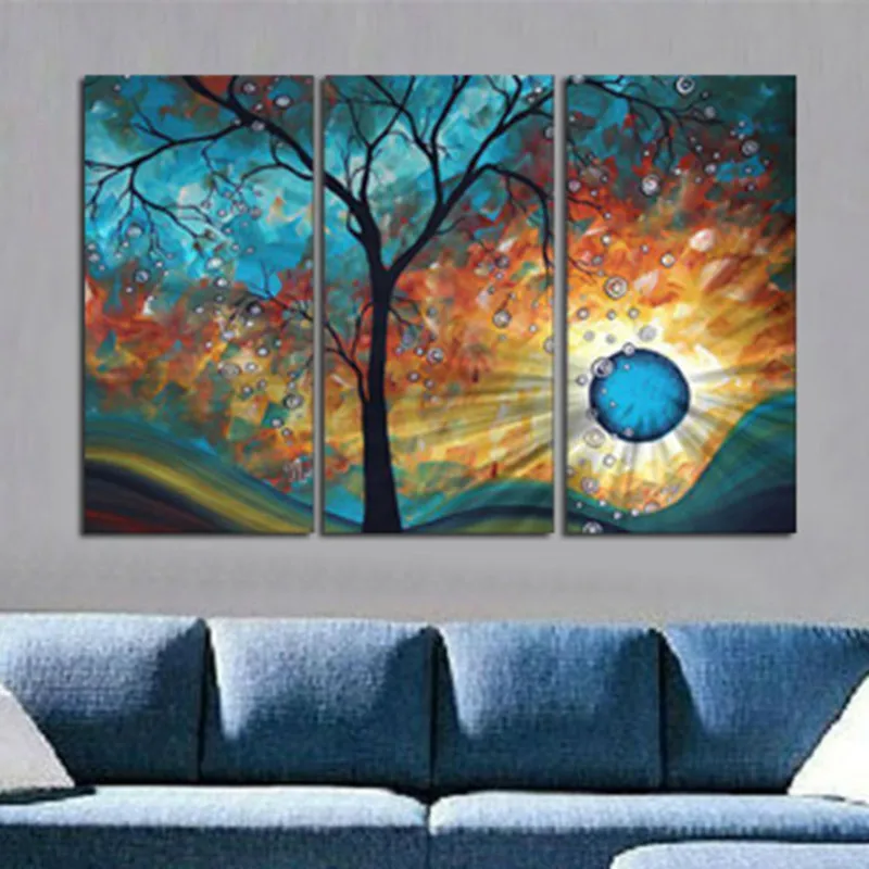 

3 Panel Wall Painting Hand-painted Abstract Landscape Oil Paintings on Canvas Modern Home Decor Arts Handmade Tree Sun Pictures