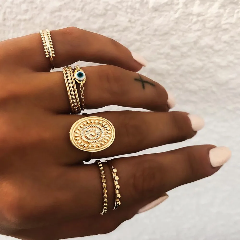 

Bohemia Gold Silver Evil Eye Midi Ring Sets for Women Boho Beach Carved Ball Knuckle Finger Oval Joint Rings Jewelry #288603