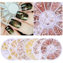 1 коробка, Стразы для ногтей в колесиках, розовое золото, AB Цвет, плоское дно, квадратные круглые заклепки, шпильки, 3D украшение для ногтей в колесиках, сделай сам