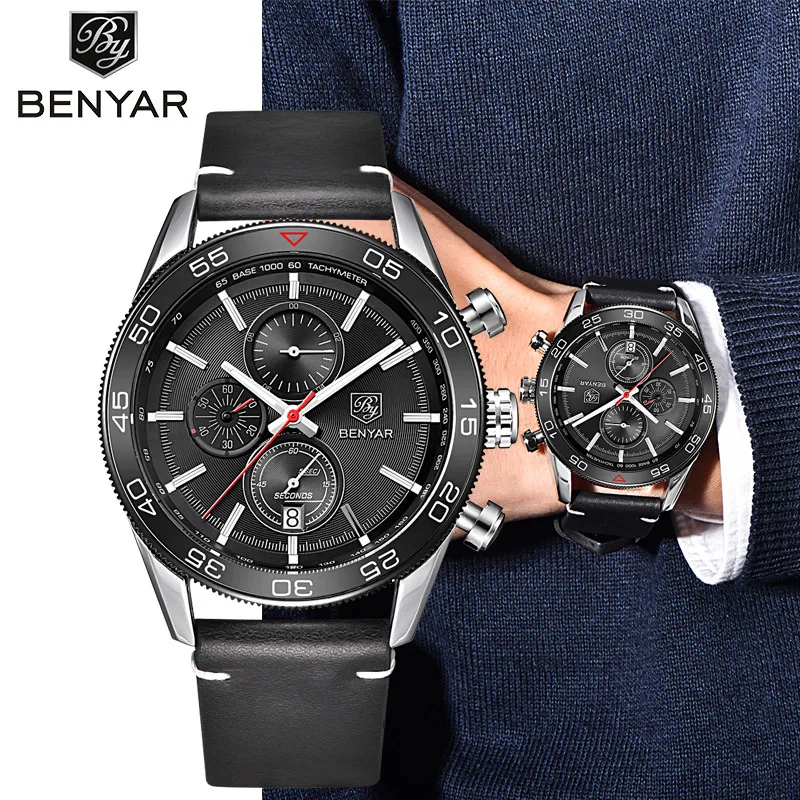 

BENYAR Top Brands Waterproof Men's Watches Business Quartz Analog Army Military Chronograph Leather Watch Men Relogio Masculino