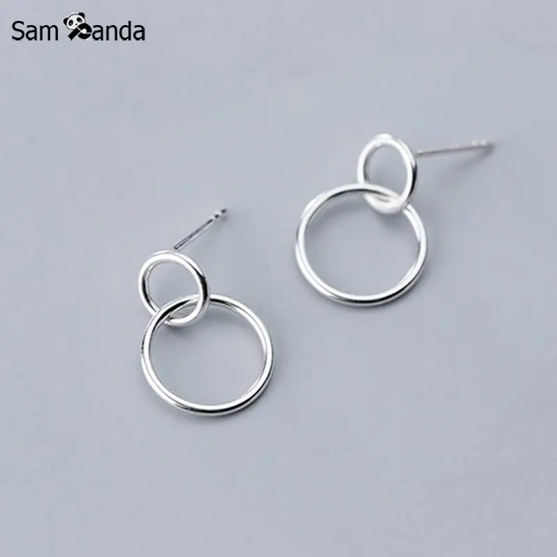 

New 925 Sterling Silver Korean Style Simple Geometric Size Interlocking Circle Stud Earrings For Women Fashion Silver Gift