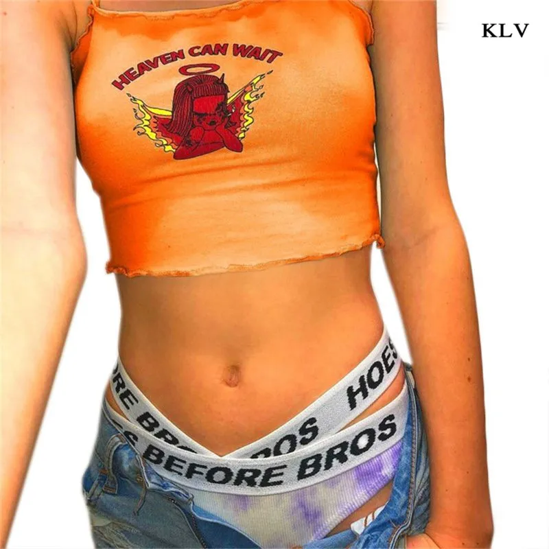 KLV женский сексуальный топ на бретельках с рюшами, кроп-топ, милый маленький дьявол, буквенный принт, Harajuku Camisole, тонкая забавная уличная одежда - Цвет: Orange