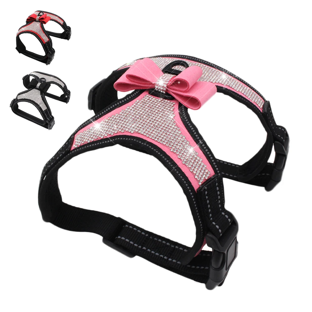 

Reflective Dog Harness Nylon Pitbull Pug Small Medium Dogs Harnesses Vest Bling Rhinestone Bowknot Dog Accessories Pet Supplies