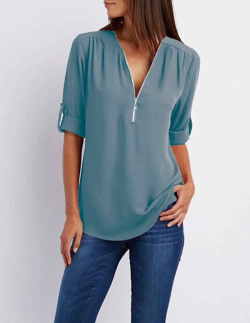 На молнии с короткими рукавами женские рубашки Сексуальная v-образный вырез однотонная женская блузка повседневные футболки топы Женская одежда плюс размер - Цвет: Синий
