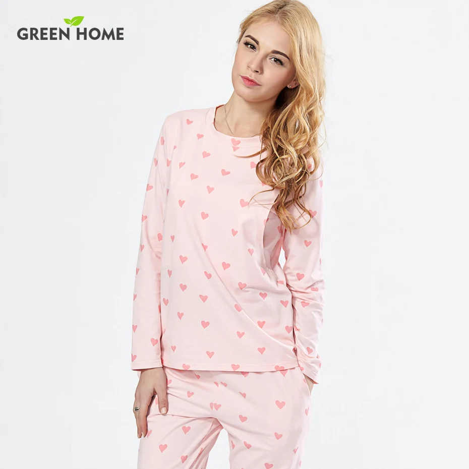 

Green Home Sweet Heart Pattern Round Neckline Full Sleeve With Opening Design Maternity Sleepwear Set for Breastfeeding Woman