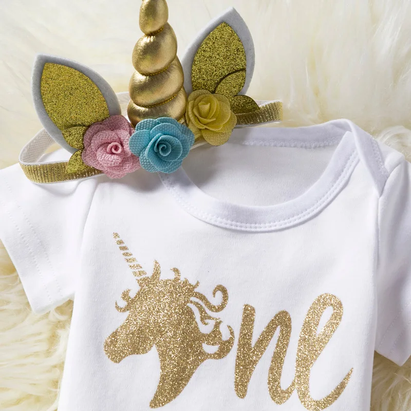 Unicorn Tutu Dress Headwear Girl Birthday Outfits Short Sleeve Dress Princess Flower Costume Christmas New Year Costume Gift