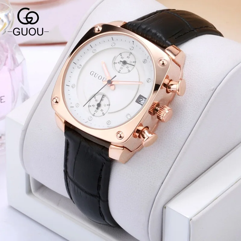 

GUOU Brand Luxury Diamond Crystal Gunuine Leather Strap Watches Women Calendar Dress Watch Relogio Wristwatches Clocks GU003