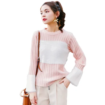 

2018 Spring Stitching Female Sweater Loose Flare Sleeve Pullover Sweater Coat Slim Warm Thick Korean Pullovers Tops YP0725