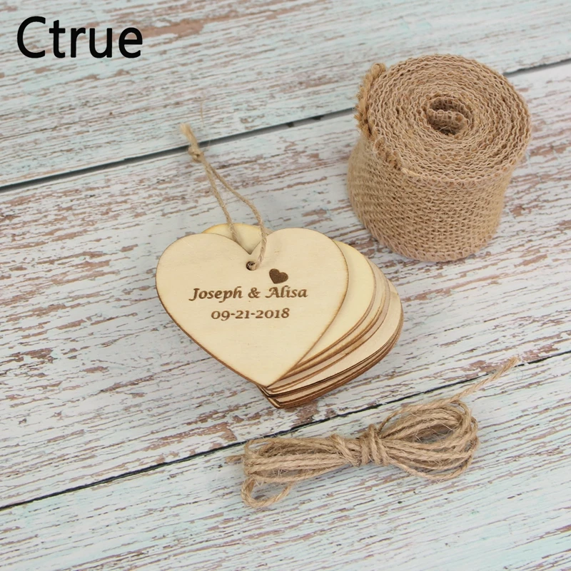  Personalized heart Wood tag with rope Custom name date wooden tags Rustic Wedding Invitation Weddin - 32923187943