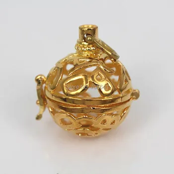 

37x24mm Golden tone Plated Round Chiming Ball Locket Cage Pendant Essential Oil Diffuser Hollow Filigree Letter Locket Findings
