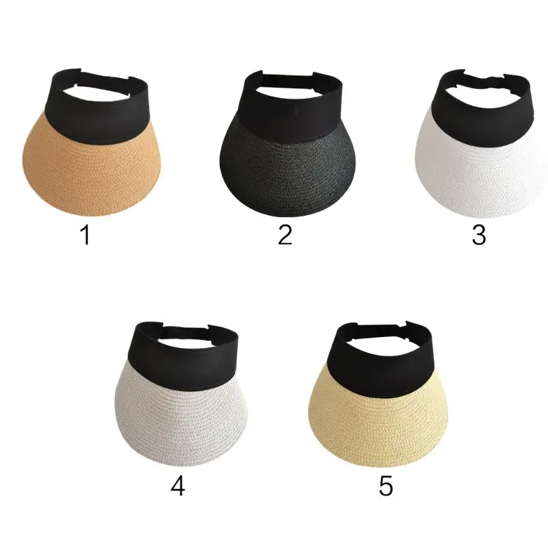 مكشوفة القش مضفر قبعة للوقاية من الشمس اللون كتلة قابل للتعديل ماجيك ملصق برشام معدني ديكور واسعة حافة الرياضة في الهواء الطلق شاطئ كاب