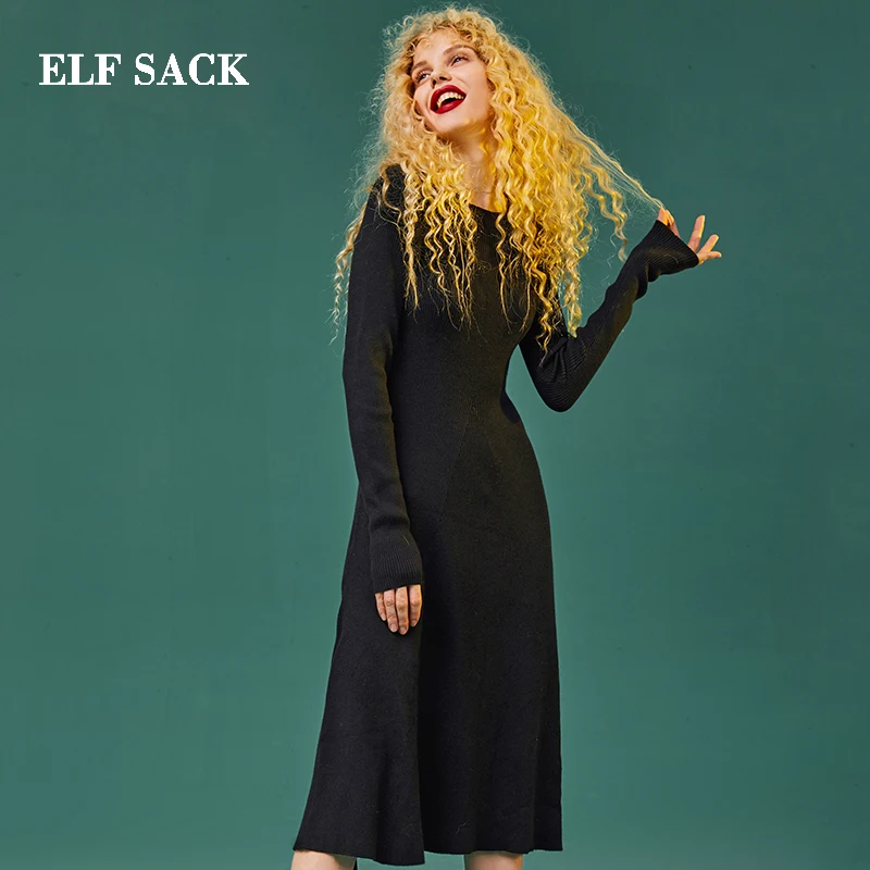 

ELF SACK New Woman Dress Casual Solid Straight Full Women Dresses Knee-Length O-Neck Skinny Femme Vestido Stylish Party Dress