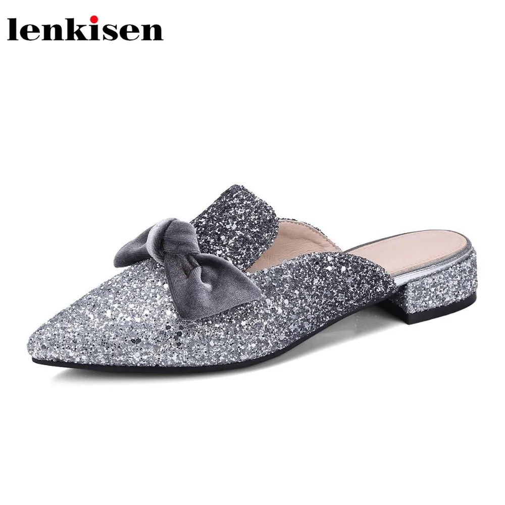 

Lenkisen fairy pointed toe shining slingback low heel sweet gradient sequined cloth mules high street fashion women pumps L62