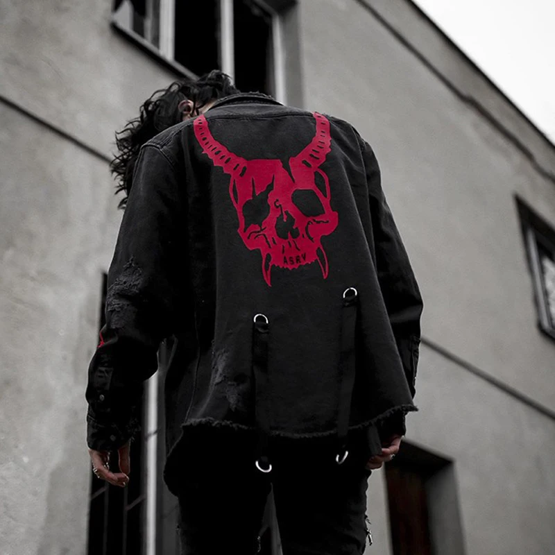 

2019 new men's jacket fashion street hip hop men denim jacket plus size S-XXXL black casual long sleeve skull jacket sportswear