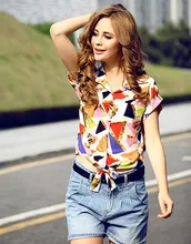 2016 New Women’s Fashion Short Sleeve Blouse Bandage Loose Lapel Neck Print Chiffon Top Shirt Blouse Free Shipping 41