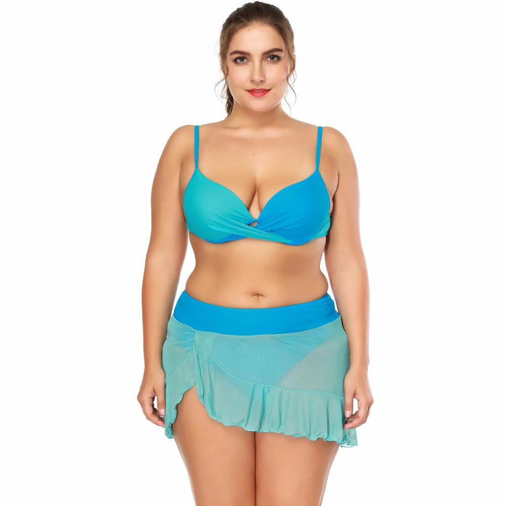 Big Size Women's Swimwear Plus Size Padded Bikini Set 2 Pieces Bathing Suits Skirt Swim Swimming Suits Blue S M L XL XXL