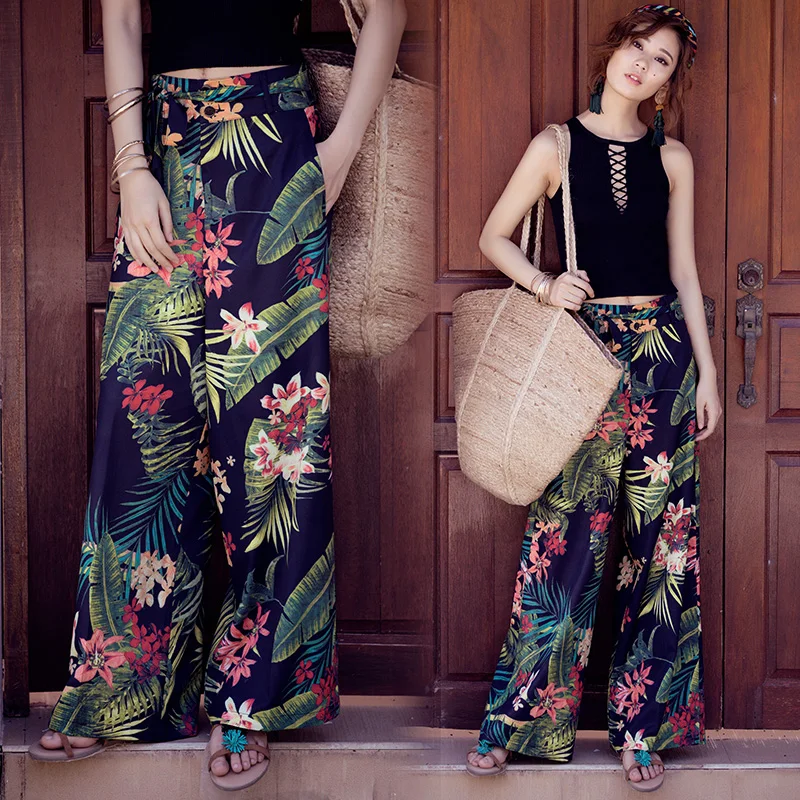 Летние праздничные богемные широкие брюки с поясом и тропическим принтом, обтягивающие универсальные брюки, хлопковые Женские Брюки с карманами