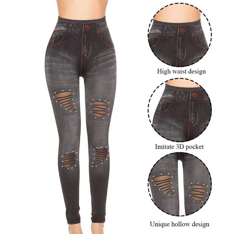 

NIBESSER Fashion Slim Fit Women Leggings Faux Denim Jeans Leggings Holes Print High Waist Leggings Casual Pencil Pants Plus size