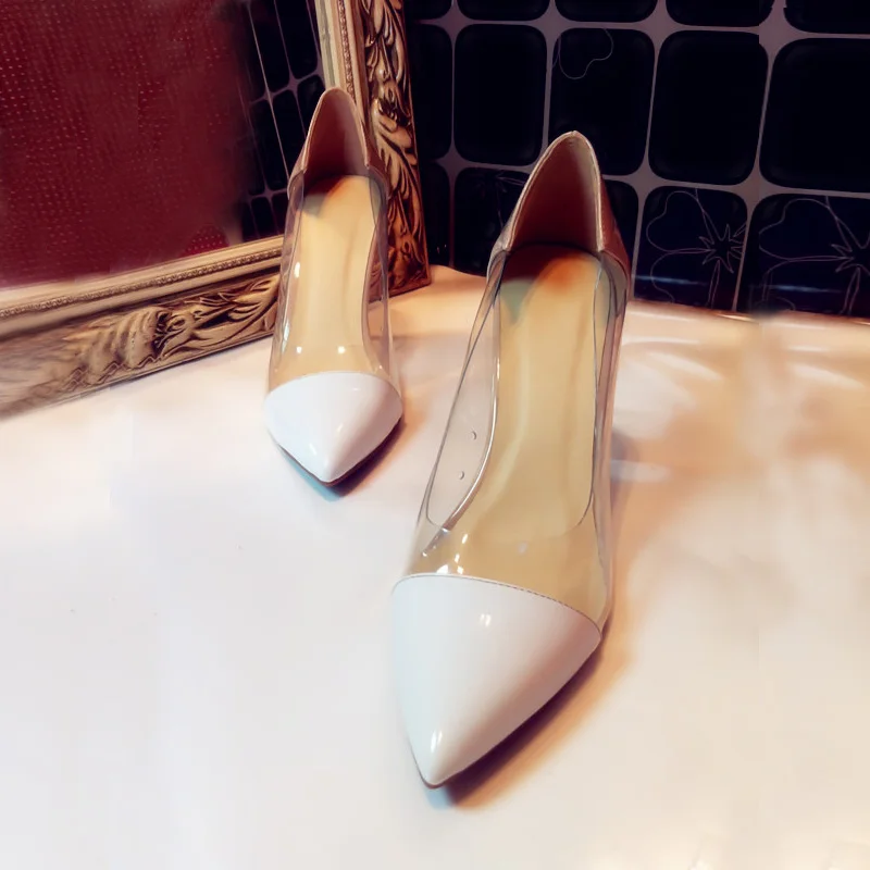 

Transparent PVC Women Sexy Pumps Pointed Toe High Heel Shoes 9cm  Black Suede Women Wedding Shoes Red White Party Shoes