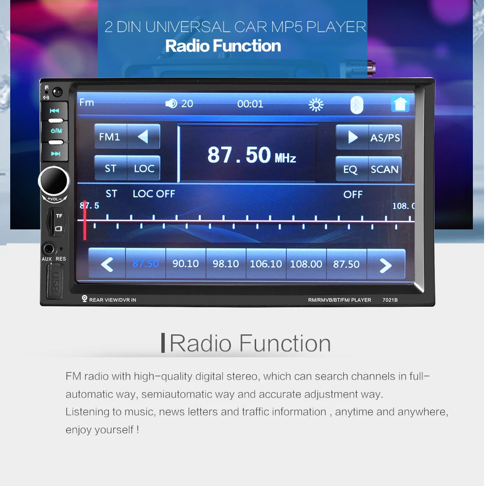 

2 DIN 7 Inch Digital HD Touch Screen LCD Bluetooth Car Stereo MP5 Radio Player FM / TF / USB /SD Support Steering Wheel Control