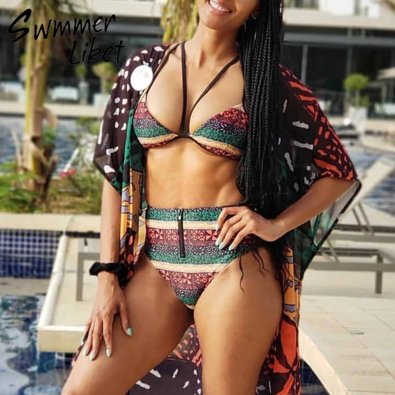 

High waist bikinis for women 2019 Halter retro swimsuit female Sexy bikini micro African swimwear zipper Print two-piece suits
