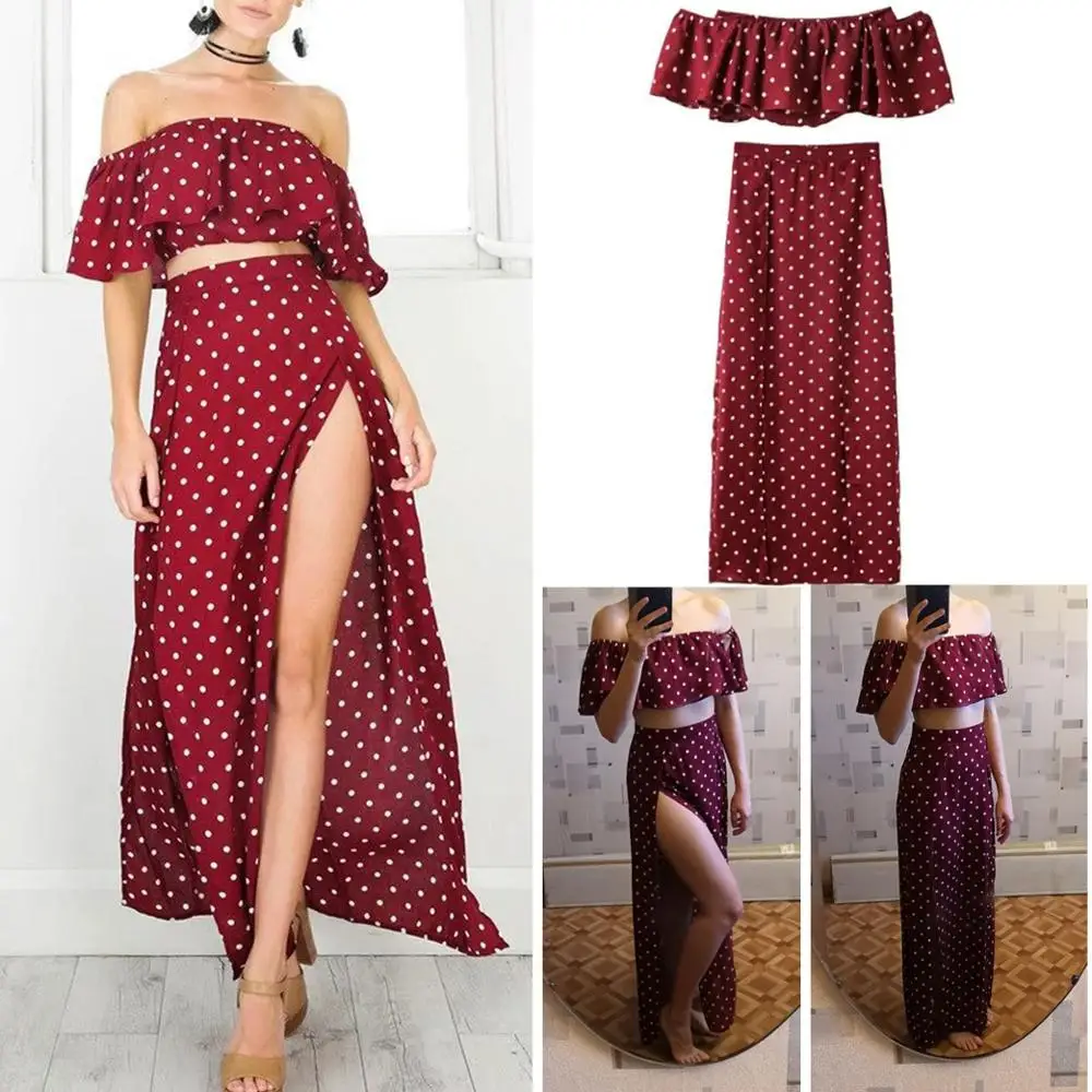 

2019 Summer Crop Top and Skirt Set Red Ruffle Off Shoulder Top Split Polka Dot Maxi Long Skirt Women 2 Piece Set Free Shipping