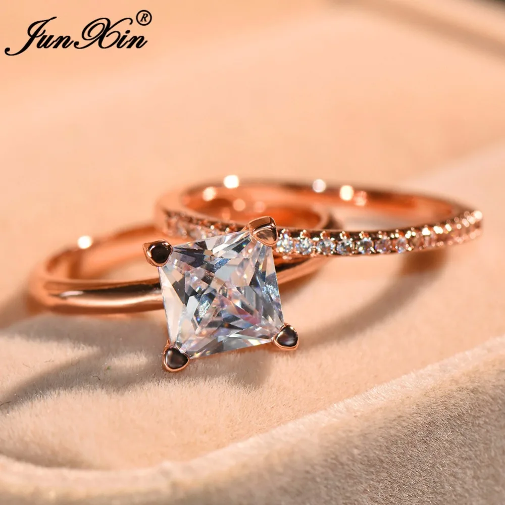 JUNXIN Cute Female Round Ring Set Luxury CZ Stone Ring Fashion Rose