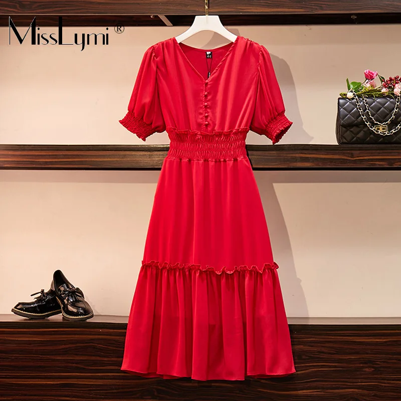 

L-4XL Plus Size Women Red Bohemia Dress Summer 2019 Vintage Lantern Sleeve V-neck Elastic Waist Ladies Ruffle Midi Dresses