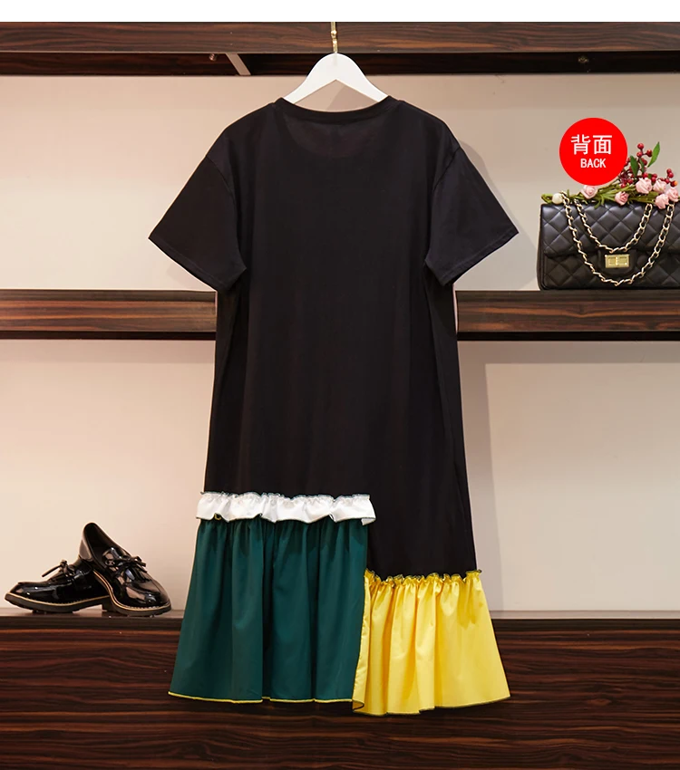 Уличная Женская одежда с аппликацией лица из мультфильма, летние платья, контрастный цвет, футболка с кисточками, платье больших размеров, повседневные пляжные платья
