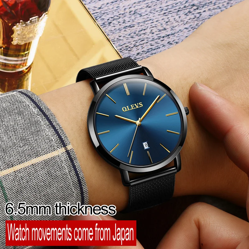

OLEVS Ultra-thin Men Quartz Watch for Business Mesh Steel Strap Waterproof Man Watches Auto Date Clock Wristwatches Student Gift
