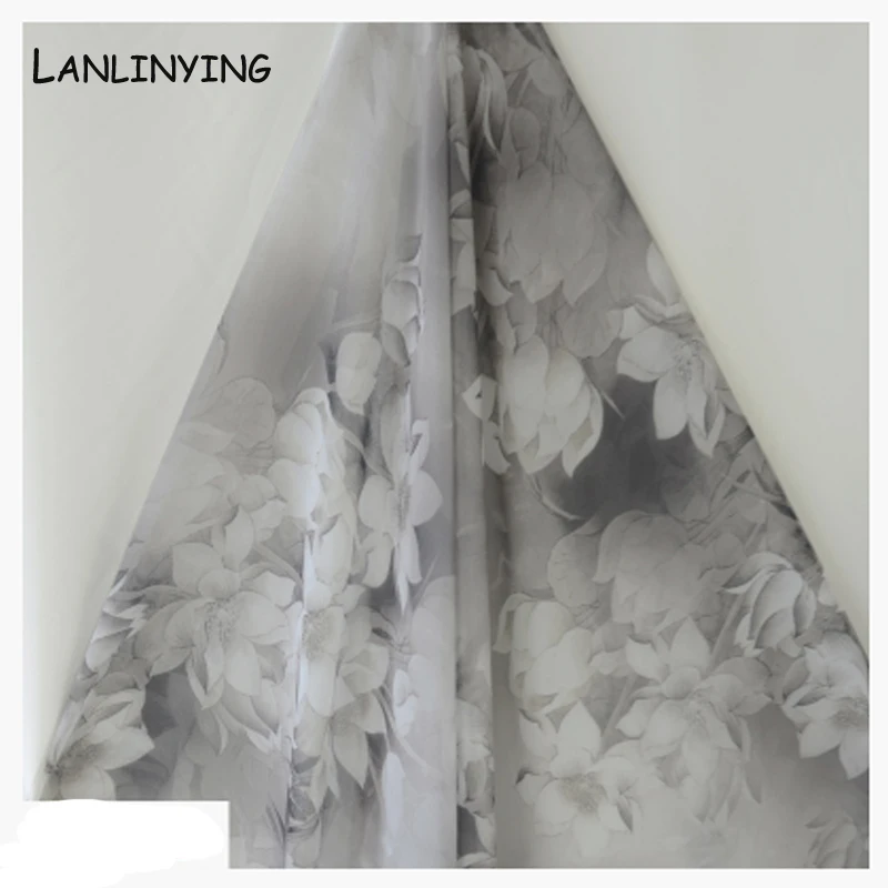 

LANLINYING Gradient Lotus Printing Super Thin Chiffon Classical Ink Fabric Textile For DIY Handwork Dress Cloth Scarf D452