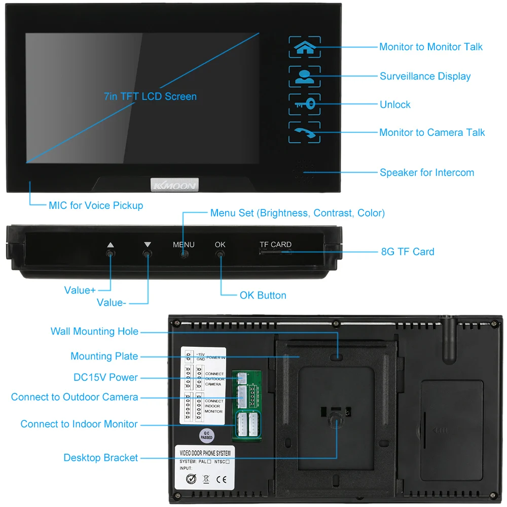 Best KKmoon 7" Color Screen Video Intercom Video Door Phone Waterproof Visible Home Door Intercom With 1000TVL Camera Night Vision 4