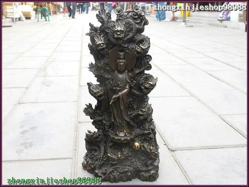 

wholesale Retro bronze factory outlets 15"Tibet Buddhist pure Bronze Nine Dragon Kwan-Yin Bodhisattva Goddess Statue