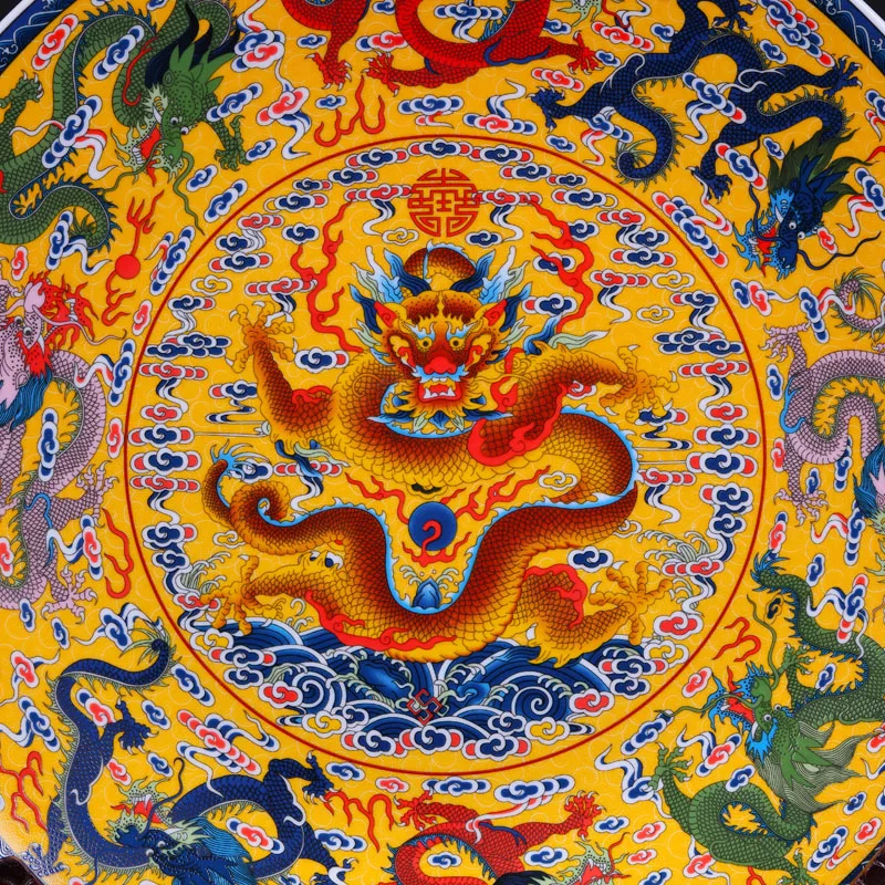 Fengshui Art Ceramic Ornamental Plate Ancient China Nine Dragons Decoration Wood Base Porcelain Traditional Chinese Plate Set 4