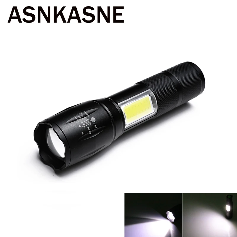 Beste ASNKASNE Krachtige 4 Modus T6 amp; COB CREE LED Zaklamp 3800LM Zoomable Outdoor Kamp Lamp Tactische lanterna zaklamp voor 18650