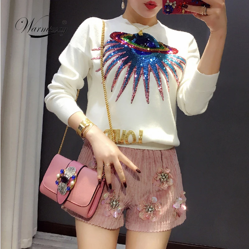 Warmsway Autumn UFO planet sequins letters knit pullovers female  sweater jumper Long Sleeve Loved letter Sweater  C-010