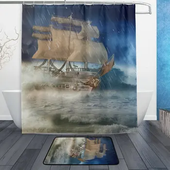 

Ocean Sea Nautical Marine Life Shower Curtain and Mat Set, Fantasy Pirate Ship Waterproof Polyester Bathroom Curtain